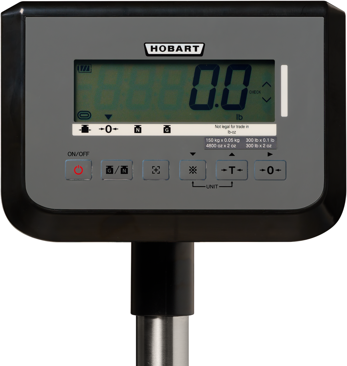 A close-up of a digital bench receiving scale display labeled Hobart shows a 0.0 reading. This legal for trade device, upright on a metal pole, features icons, buttons, and weight conversion info—supporting up to a 300 lb capacity.