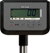 A close-up of a digital bench receiving scale display labeled Hobart shows a 0.0 reading. This legal for trade device, upright on a metal pole, features icons, buttons, and weight conversion info—supporting up to a 300 lb capacity.