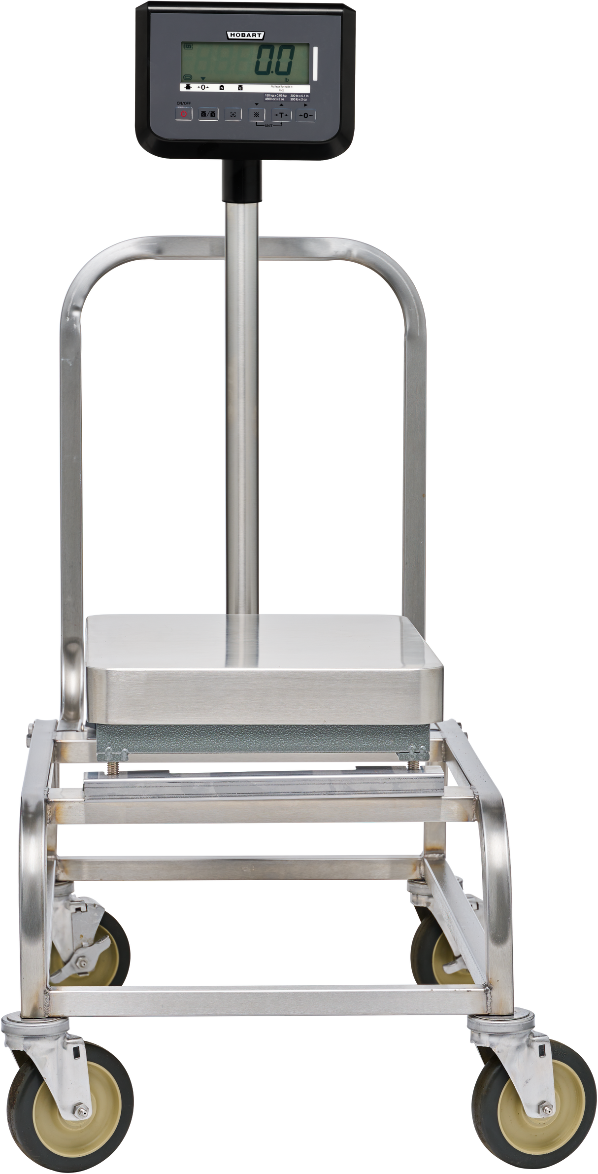 A Hobart HBR302-1 scale features a metal platform with a digital display showing 0.0, mounted on a stainless steel frame with four yellow caster wheels, creating a moveable cart ideal for weighing heavy items in industrial or commercial settings.