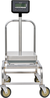 A Hobart HBR302-1 scale features a metal platform with a digital display showing 0.0, mounted on a stainless steel frame with four yellow caster wheels, creating a moveable cart ideal for weighing heavy items in industrial or commercial settings.