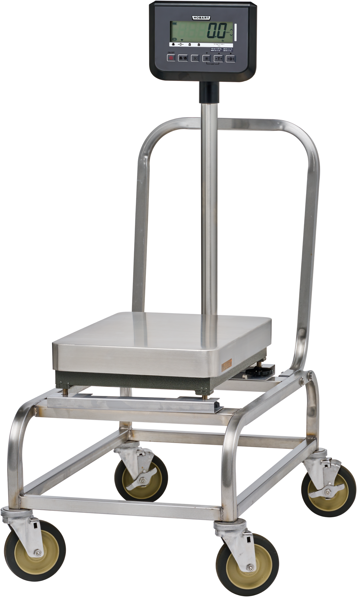 The HBR302-1 scale is a stainless steel platform scale with a digital display on a vertical pole, mounted on a moveable cart frame with four yellow and black caster wheels for easy mobility. The Hobart display shows a weight reading of 0.1.