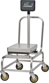 The HBR302-1 scale is a stainless steel platform scale with a digital display on a vertical pole, mounted on a moveable cart frame with four yellow and black caster wheels for easy mobility. The Hobart display shows a weight reading of 0.1.