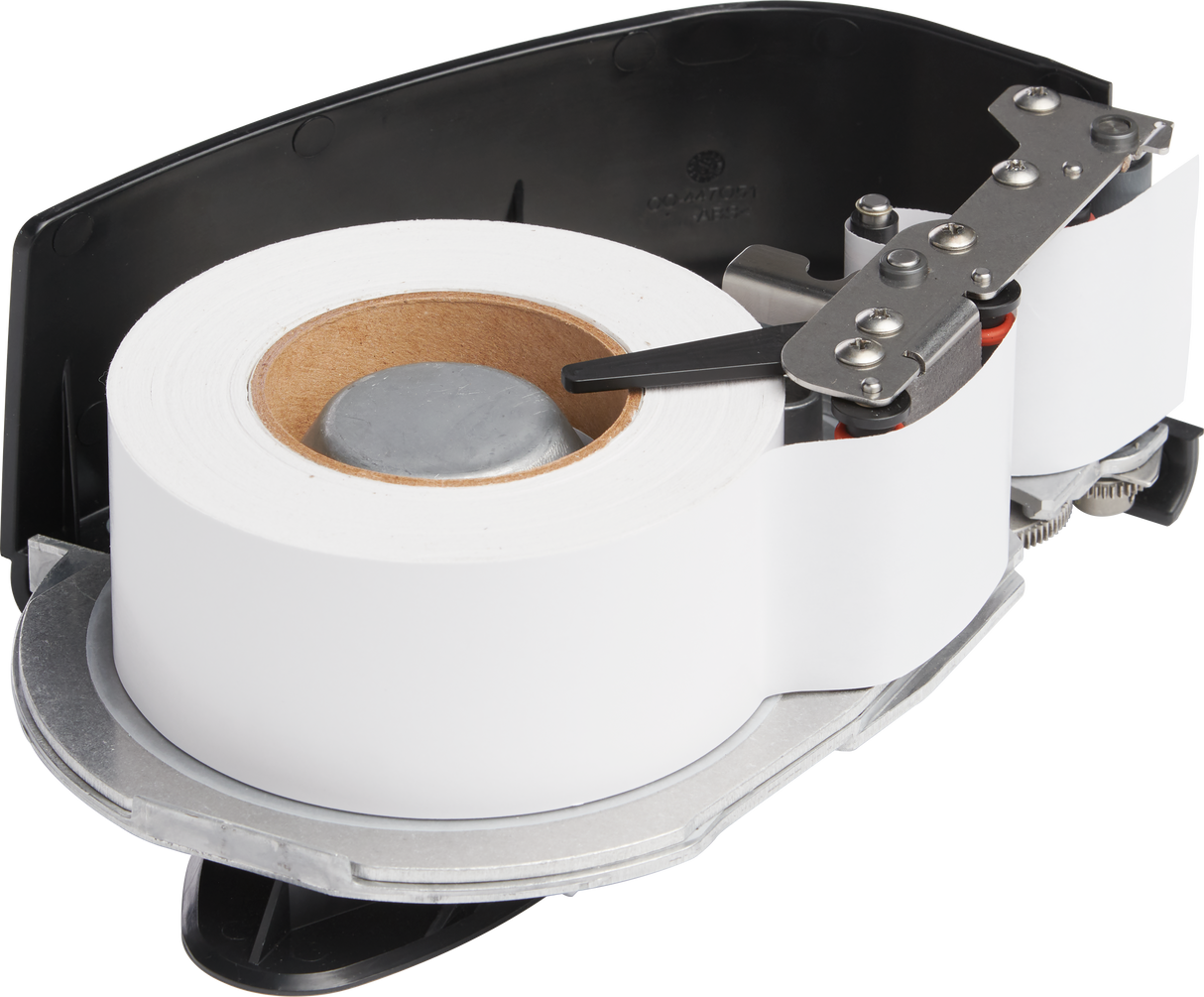 A close-up of an HTi Scale white label printer cartridge with a large roll of blank white labels inside a black and gray plastic holder, exposing the internal mechanisms, Auto Cutter, rollers, and metallic parts used to feed and cut the labels.