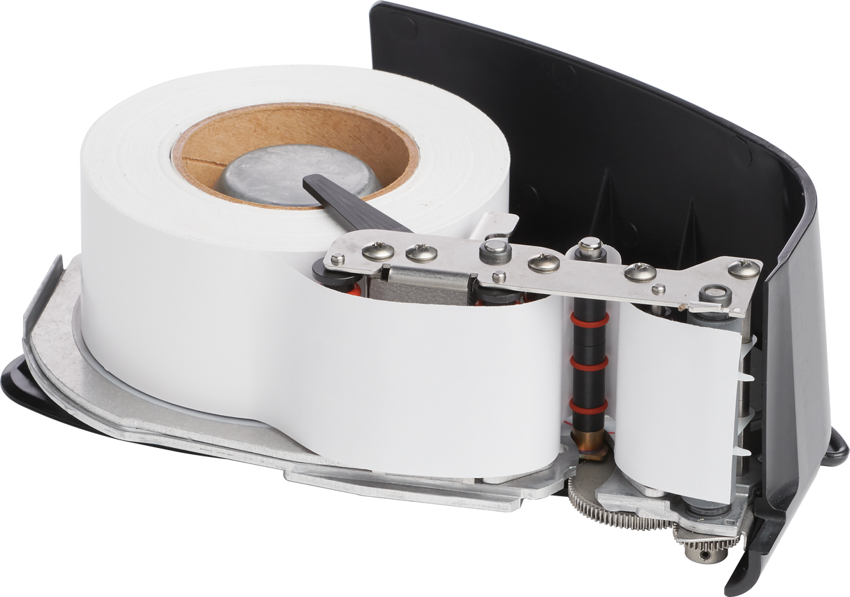 A close-up of a thermal label printer mechanism with a roll of white labels loaded. The black plastic cover is partially open, revealing the HTi Scales metal print head, rollers, and label feed path inside the printer.