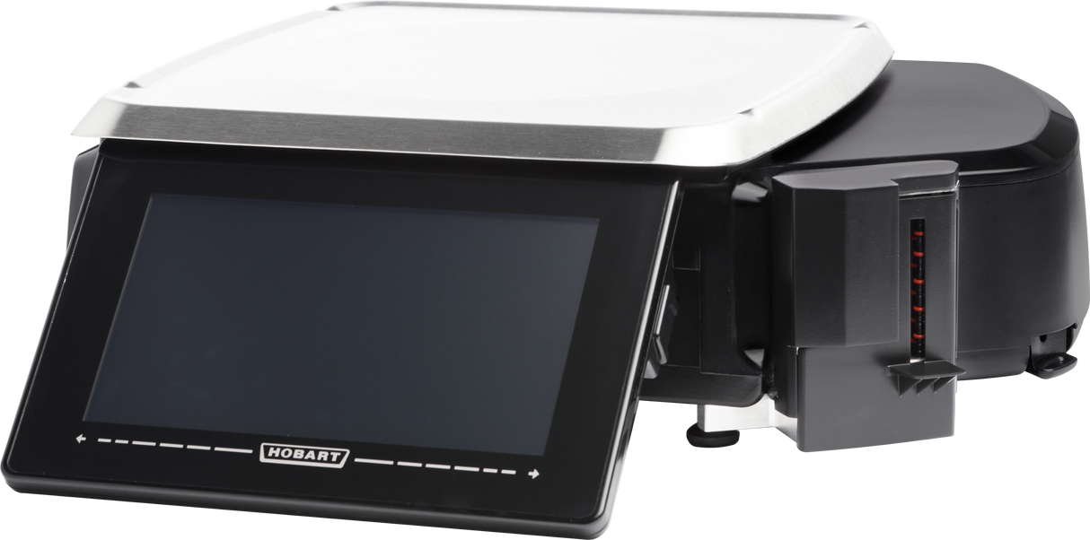 A black and silver Hobart HTi scale/printer features a large 7 customer display with a touchscreen, branding below the screen, and a numeric slider on the right. The flat metal top suggests its ideal for use as a commercial kitchen scale.