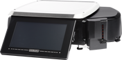 A black and silver Hobart HTi scale/printer features a large 7 customer display with a touchscreen, branding below the screen, and a numeric slider on the right. The flat metal top suggests its ideal for use as a commercial kitchen scale.