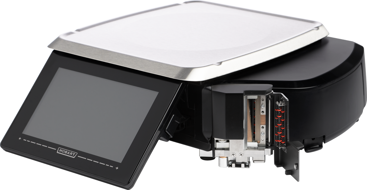 A black and silver electronic device labeled Hobart, featuring a touchscreen display and flat metal surface for weighing, is shown partially open to reveal internal components. The HTi Scale also includes an Auto Cutter for efficient operation.