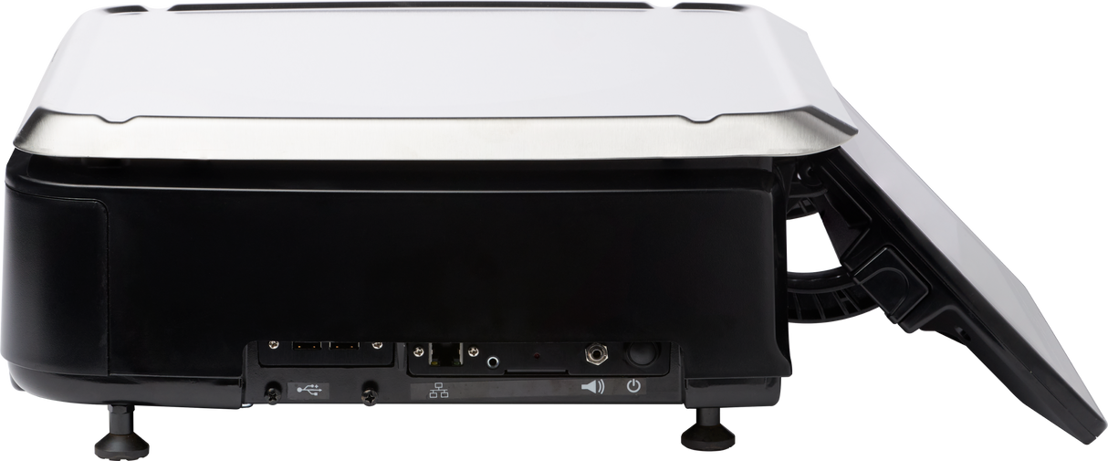 A side view of a black and white printer or scanner with its lid partially open. The back features several ports, including Ethernet, USB, and power connections. This model supports the Linerless Cassette, set against a plain white background.