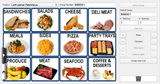 A touchscreen menu interface shows 12 food categories with labeled images, plus a control panel on the right for menu customization. The system integrates seamlessly with features like an Auto Cutter, HTi Scale, and Linerless Cassette support.