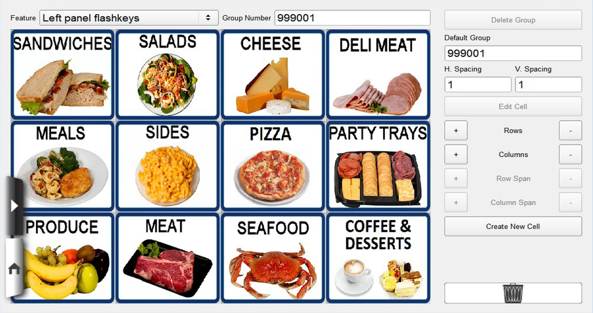 A digital menu interface on a 7 customer display shows 12 square buttons with food images and labels. Menu editing options and group settings appear on the right side, seamlessly integrating with NTEP-certified HTi scale printer systems.