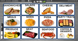 A digital menu with twelve labeled categories, each with a photo—like sandwiches, seafood (crab), and coffee & desserts. Control buttons and a 7 customer display appear at the top for enhanced ordering.