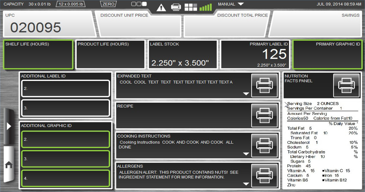 A digital label creation interface, compatible with the Hobart HTI-7LH4 and 7 customer display, shows UPC, shelf life, product info, editable fields for text and allergens, plus a nutritional facts panel on the right side of the screen.