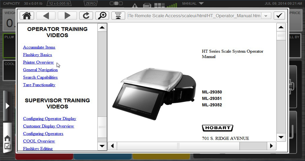 Screenshot of a digital manual viewer displaying the HTi Scale System Operator Manual for Hobart, with model numbers ML-29350, ML-29351, and ML-29352. The left pane lists video training links; the right pane shows a scale image and Hobart’s address.