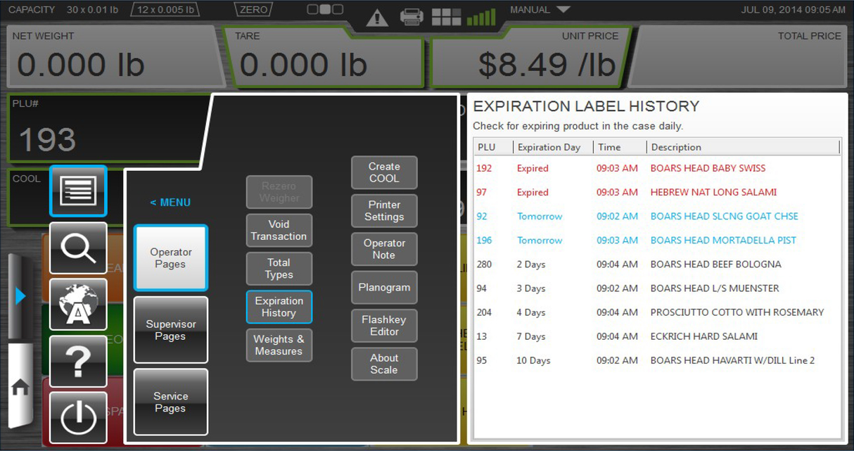 A digital interface on the Hobart HTI-7LH4 HTi scale/printer features a 7 customer display, menu options on the left, and an Expiration Label History table listing PLU items, expiration status, dates, times, and product names like “BOARS HEAD BABY SWISS.”.
