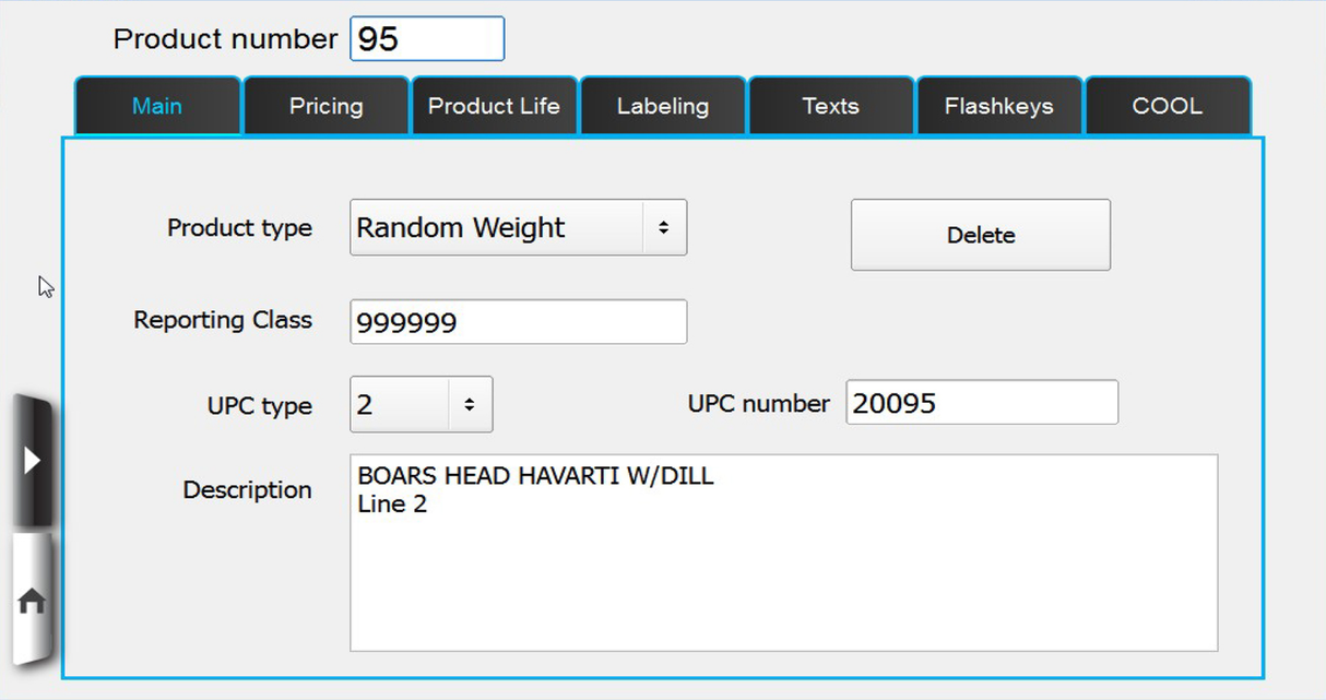 A software interface for item 95 displays product info, ideal for use with an HTi scale printer. Tabs include Main, Pricing, Product Life, Labeling, Texts, Flashkeys, and COOL. Fields show: Product type Random Weight and Reporting Class 999999.