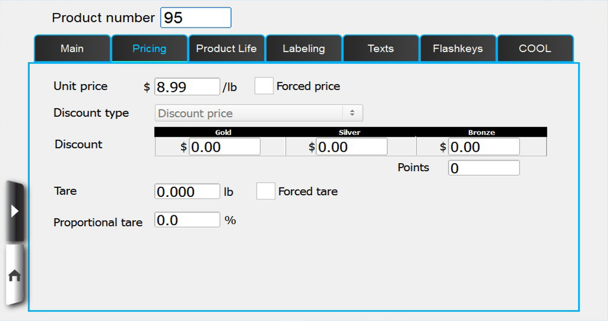 A software interface for the HTi Scale displays pricing options for product number 95. Unit price is $8.99 per pound, with fields for discounts, tare, proportional tare, and checkboxes. Tabs for Linerless Cassette and various settings are at the top.
