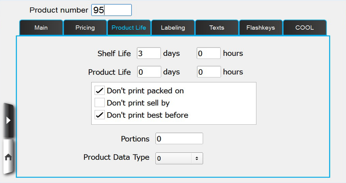 A software screen displays Product number 95 with tabs like Main, Pricing, Product Life (selected), Labeling, Texts, Flashkeys, and COOL. Fields for Shelf Life and options for Auto Cutter and Linerless Cassette are shown alongside packing and expiry settings.