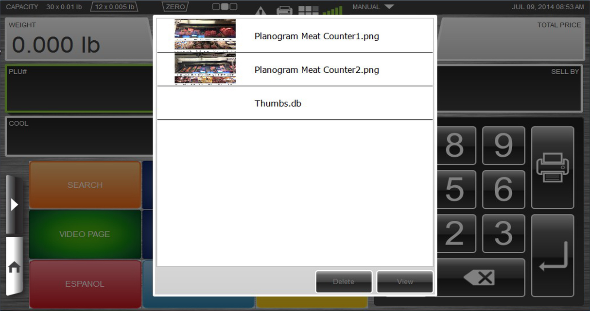 A digital scale interface featuring a 7 customer display presents a pop-up with image files: Planogram Meat Counter1.png, Planogram Meat Counter2.png, and Thumbs.db. The background includes a keypad, menu buttons, and weight info.