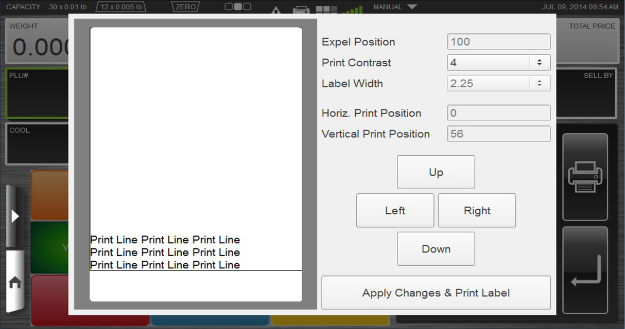 A label printing interface displays a preview with Print Line repeated in four horizontal rows at the bottom left. On the right, settings for expel position, print contrast, label width, Auto Cutter options, and print positions with direction buttons are visible.