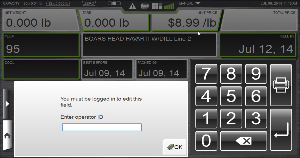 A digital HTi scale printer features a 7 customer display with product info, weight, tare, NTEP unit price, and dates. A keypad and pop-up prompt for operator ID to edit a field. The product is BOARS HEAD HAVARTI W/DILL at $8.99/lb. Date/time appear top right.