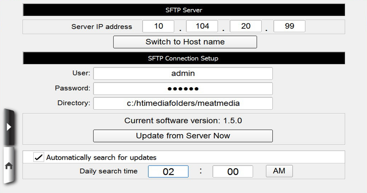 SFTP server settings screen for HTi Scale displays IP address fields, user “admin,” password field, directory “c:/htmediafolders/meatmedia,” software version 1.5.0, update option, and daily auto-update search at 2:00 AM.