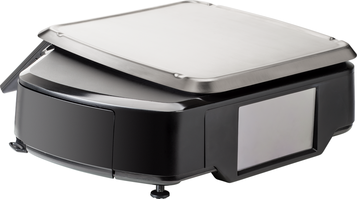 A sleek, black electric countertop grill with a stainless steel lid, slightly open. Featuring an intuitive control panel and sturdy feet, its embedded Linux kernel ensures smooth operation. The lid fits flush with the grill body for a modern look.