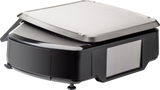 A sleek, black electric countertop grill with a stainless steel lid, slightly open. Featuring an intuitive control panel and sturdy feet, its embedded Linux kernel ensures smooth operation. The lid fits flush with the grill body for a modern look.