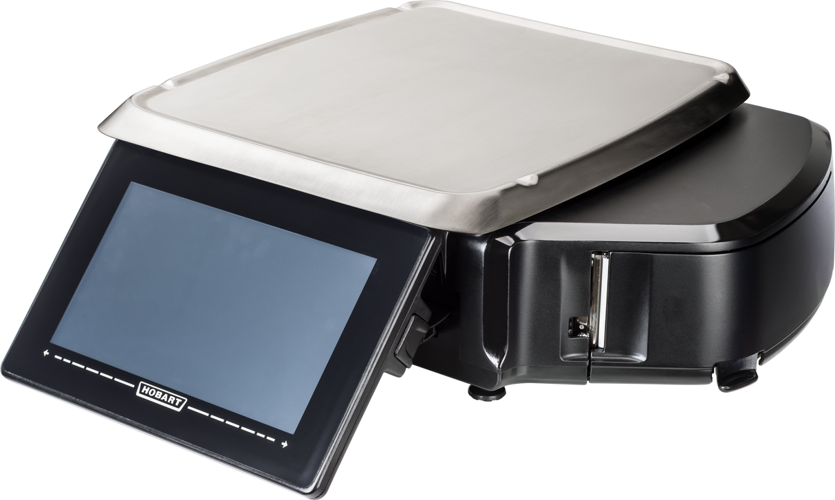A digital commercial kitchen scale with a large touch screen display, black body, and stainless steel weighing platform. Featuring an embedded Linux kernel, this label printing scale offers advanced control and sleek design for professional kitchens.