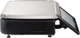 A stainless steel electric panini press with a black base sits on a flat surface. The appliance features small feet for stability and advanced controls, much like an embedded Linux kernel in modern Hts service scales. The top grill plate is lifted, revealing its nonstick surface.