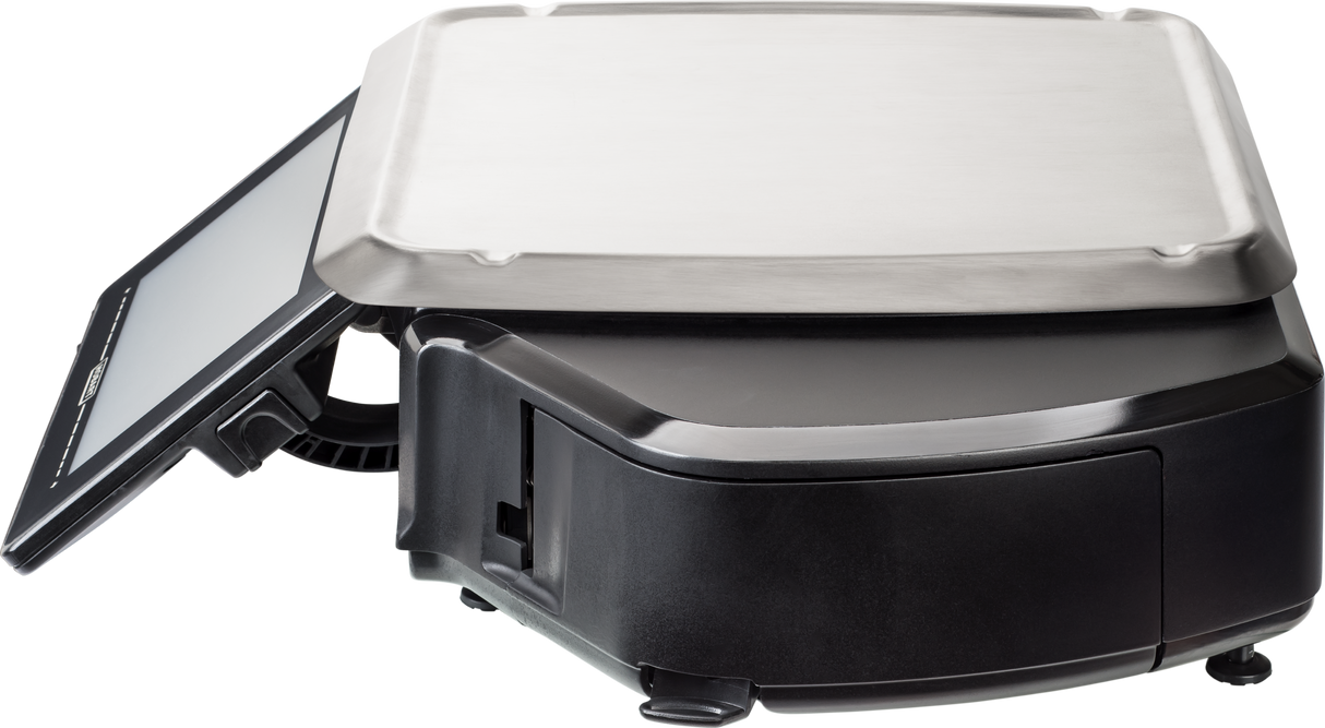 A closed black electric grill or panini press with a stainless steel top and a digital display screen on the left side, angled outward. Featuring an embedded Linux kernel for smart control, the device sits on a flat surface against a white background.