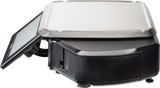 A closed black electric grill or panini press with a stainless steel top and a digital display screen on the left side, angled outward. Featuring an embedded Linux kernel for smart control, the device sits on a flat surface against a white background.