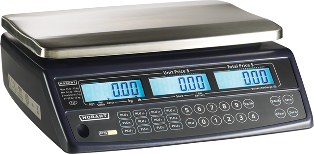 A Price Computing Scale with a stainless steel platform and control panel. Featuring a 30 lb capacity, it displays unit price, weight, and total price at zero. The keypad includes numbers, function buttons, and legal for trade labeled options.