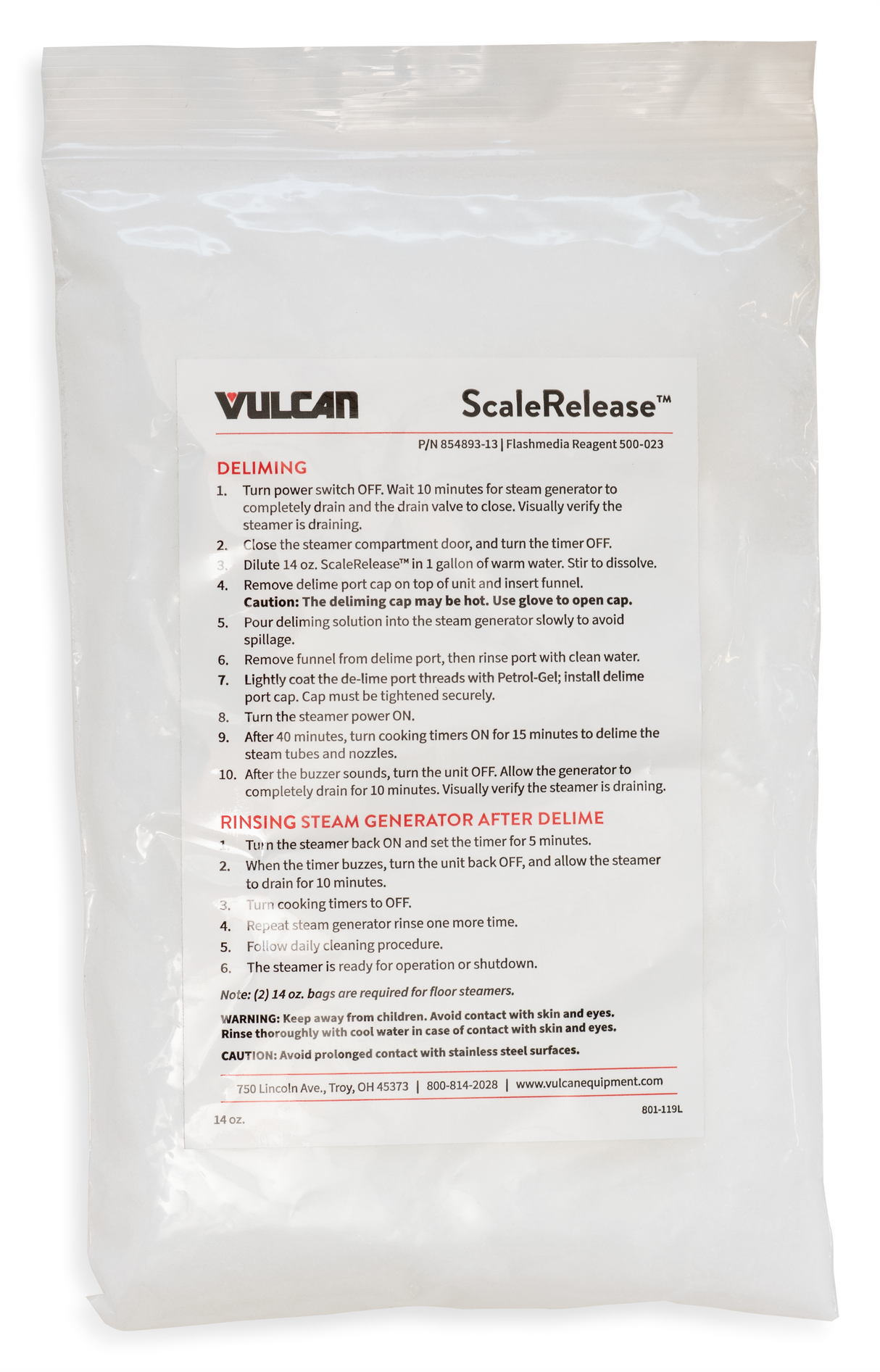 A clear plastic bag labeled Vulcan ScaleRelease for SMF systems. Instructions for deliming and rinsing a steam generator are printed in black and red, with warnings and manufacturer contact at the bottom. The bag contains white granular powder.
