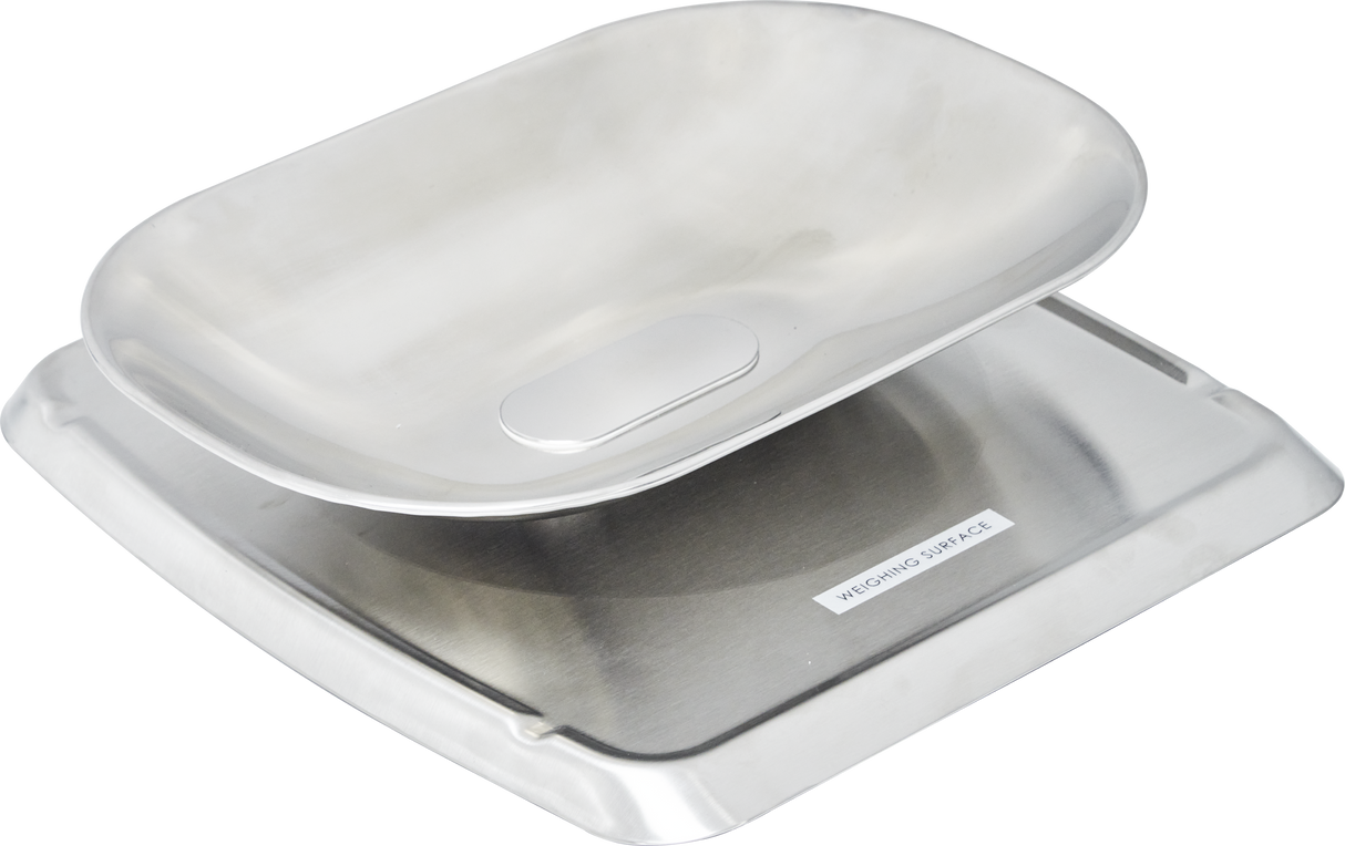 A Hobart HT-BOWLSS stainless steel baby weighing scale, featuring a smooth, curved tray for safe infant placement and a flat base with a metallic WEIGHING SURFACE label, perfect for self-serve scale convenience in clinics.
