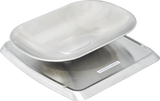 A Hobart HT-BOWLSS stainless steel baby weighing scale, featuring a smooth, curved tray for safe infant placement and a flat base with a metallic WEIGHING SURFACE label, perfect for self-serve scale convenience in clinics.