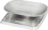 A sleek, minimalist Hobart self-serve scale with a brushed stainless steel finish and a shallow oval weighing dish on top. The flat base is clearly labeled “WEIGHING SURFACE,” making it ideal for kitchens or laboratories.