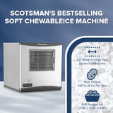 A silver Scotsman commercial ice maker is shown left. Right text reads: “SCOTSMAN’S BESTSELLING SOFT CHEWABLE ICE MACHINE.” Three bullet points highlight: 22” wide, 420 lbs ice/day, and soft nugget ice. Ice cube background fills the right side.