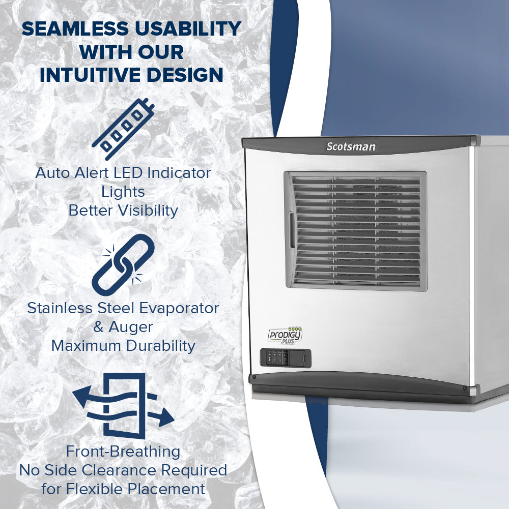 Image of a Scotsman commercial ice maker on a background of ice cubes. Text highlights seamless usability, intuitive design, auto alert LED lights, stainless steel evaporator and auger, and front-breathing for no side clearance placement.