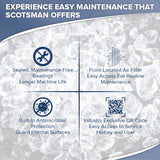 A promotional graphic shows ice cubes in the background and four icons with text. Benefits listed: sealed, maintenance-free bearings; front air filter; built-in antimicrobial protection; industry-exclusive QR code for your chewable ice commercial ice maker.