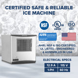 A stainless steel Scotsman commercial ice maker is shown on an ice background. Text highlights NSF, UL, ISO 9001, and AHRI certifications, U.S. engineering and assembly, specs (12.9A, 115V), and features chewable ice. U.S. flag and certification logos included.
