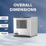 A stainless steel Scotsman commercial ice maker is centered on a blue gradient background. White text above reads OVERALL DIMENSIONS. Arrows and labels indicate: Width 22, Depth 24, Height 23. Features include a vented front panel and digital display.
