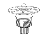 Black and white line drawing of a Vitamix Aer Blend Disc Assembly, featuring a round, perforated top plate, central bolt and nut, ridged threaded cylindrical body, and gear-like teeth at the bottom for quick & quiet blending.