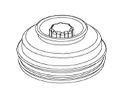 Black and white line drawing of a round, layered mechanical part with a ridged, gear-like center, resembling the Vitamix Aer Blend Container’s base or two piece lid; smooth, concentric circular layers suggest an advanced machine component.
