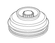Black and white line drawing of a round, layered mechanical part with a ridged, gear-like center, resembling the Vitamix Aer Blend Container’s base or two piece lid; smooth, concentric circular layers suggest an advanced machine component.
