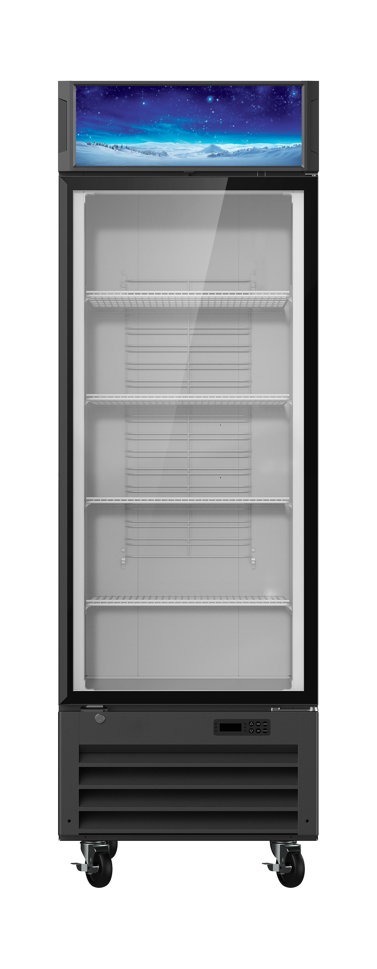 A commercial glass door merchandiser with four empty wire shelves, black frame, and wheels. The top panel features a snowy landscape under a starry blue sky. The lower section includes vents and a digital temperature display.