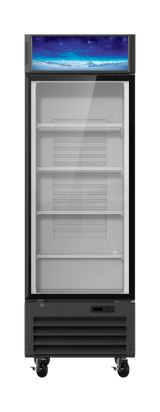 A commercial glass door merchandiser with four empty wire shelves, black frame, and wheels. The top panel features a snowy landscape under a starry blue sky. The lower section includes vents and a digital temperature display.