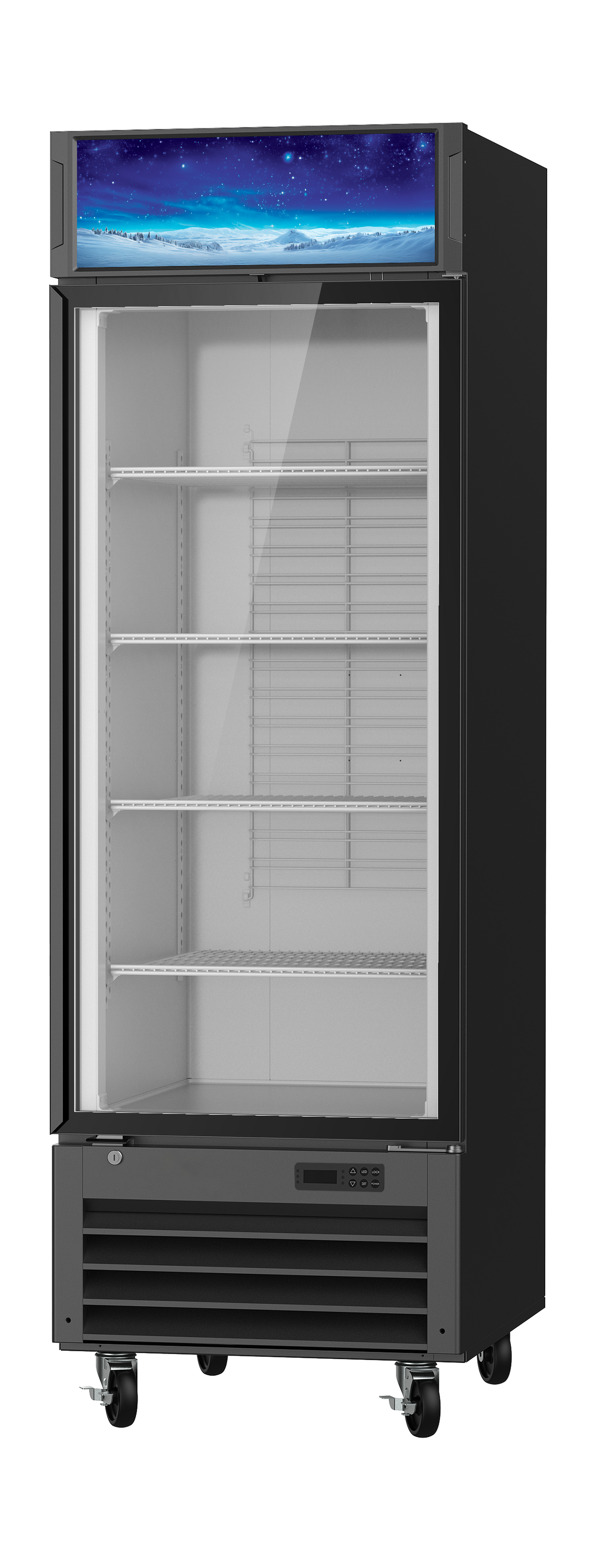 A tall, black refrigerated merchandiser on wheels with a glass front door, empty metal shelves inside, and a digital control panel at the bottom. The top panel displays a blue and white abstract design resembling a night sky with stars.