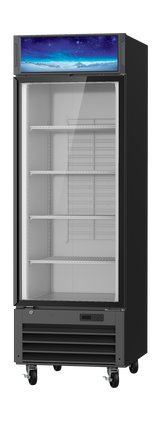 A tall, black refrigerated merchandiser on wheels with a glass front door, empty metal shelves inside, and a digital control panel at the bottom. The top panel displays a blue and white abstract design resembling a night sky with stars.