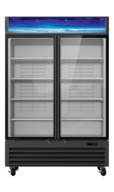 This 49 Cu. Ft. glass door refrigerated merchandiser features two clear doors, five empty wire shelves, wheels for mobility, a blue starry sky top panel, and a digital temperature display on the lower right corner.