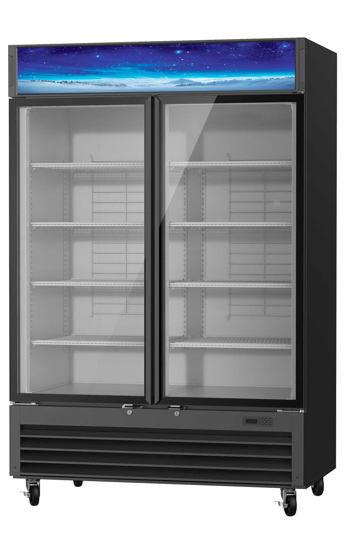 A 49 Cu. Ft. glass door refrigerated merchandiser with two clear sliding doors, empty wire shelves inside, and a blue night sky strip on top. This fridge stands on wheels and features a digital display at the bottom right.